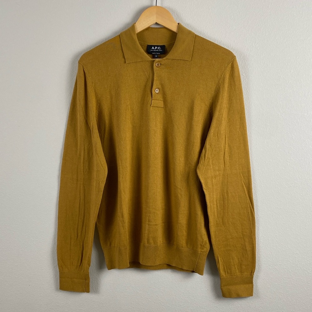 A.P.C. Aymar Knit Long Sleeve Sweater Polo | Cotton Cashmere Blend | Mustard